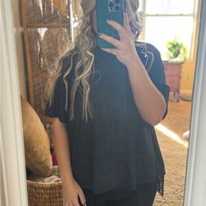 Black Short Sleeve Open Back Fringe Top